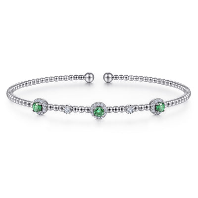 14K White Gold Bujukan Bead Cuff Bracelet with Emerald and Diamond Halo Stations