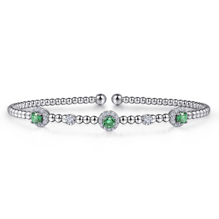 14K White Gold Bujukan Bead Cuff Bracelet with Emerald and Diamond Halo Stations - 0.2 ct - Shot 1
