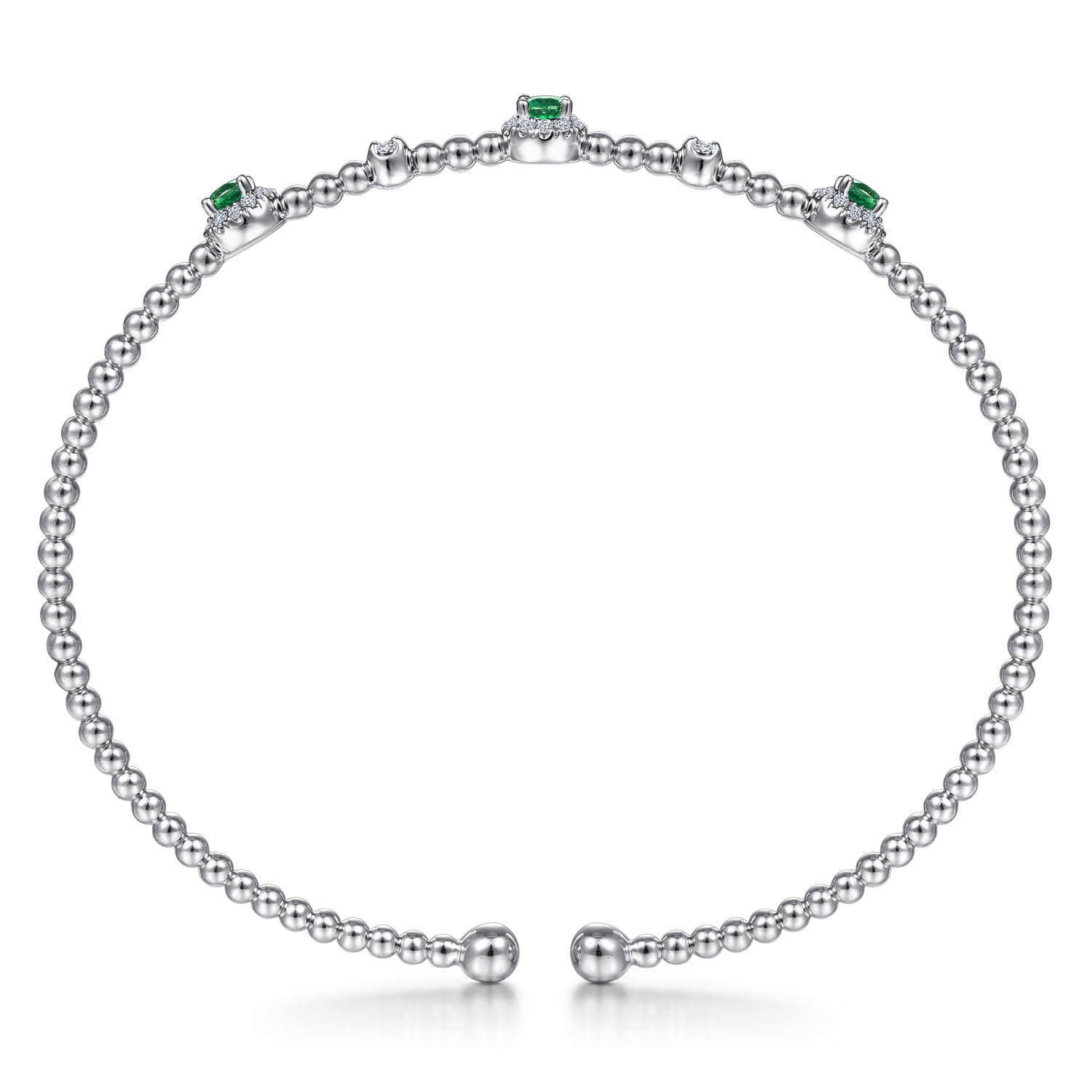 14K White Gold Bujukan Bead Cuff Bracelet with Emerald and Diamond Halo Stations - 0.2 ct - Shot 3