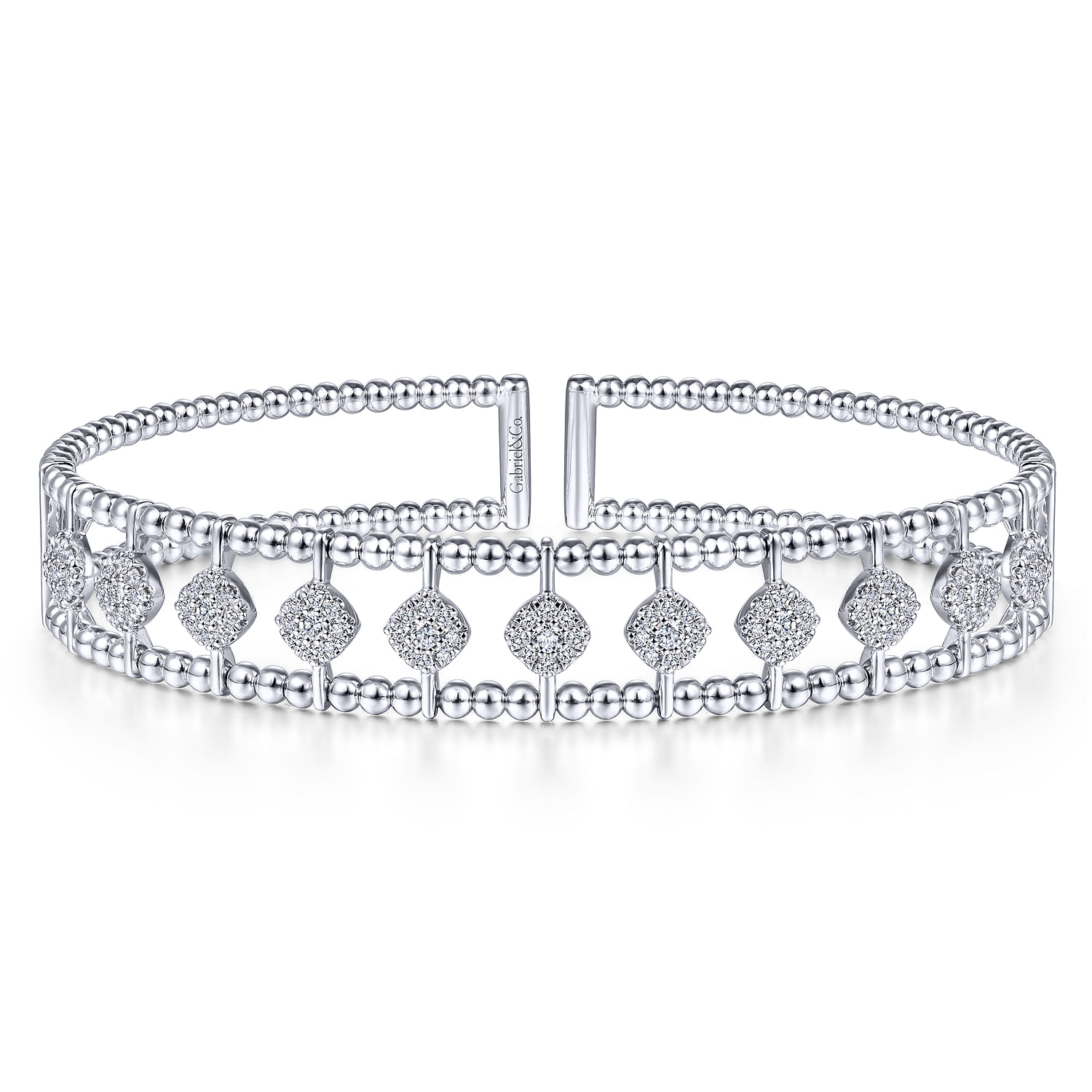 14K White Gold Bujukan Bead Cuff Bracelet with Pave Diamond Connectors - 0.75 ct - Shot 1