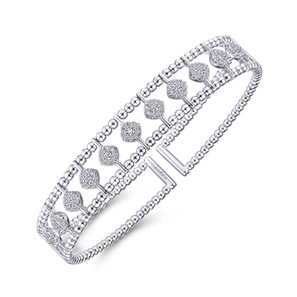 14K White Gold Bujukan Bead Cuff Bracelet with Pave Diamond Connectors