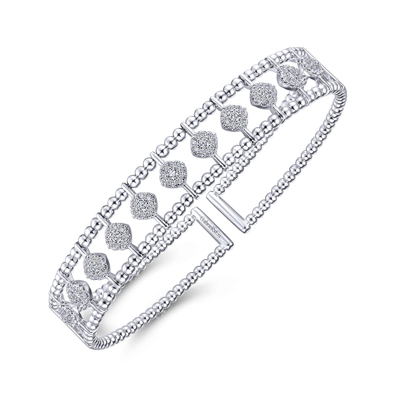 14K White Gold Bujukan Bead Cuff Bracelet with Pave Diamond Connectors - 0.75 ct - Shot 2