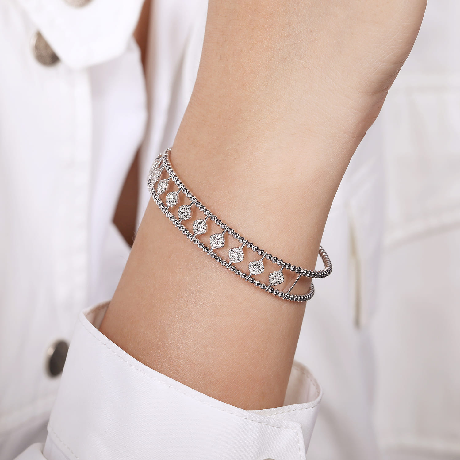 14K White Gold Bujukan Bead Cuff Bracelet with Pave Diamond Connectors - 0.75 ct - Shot 4