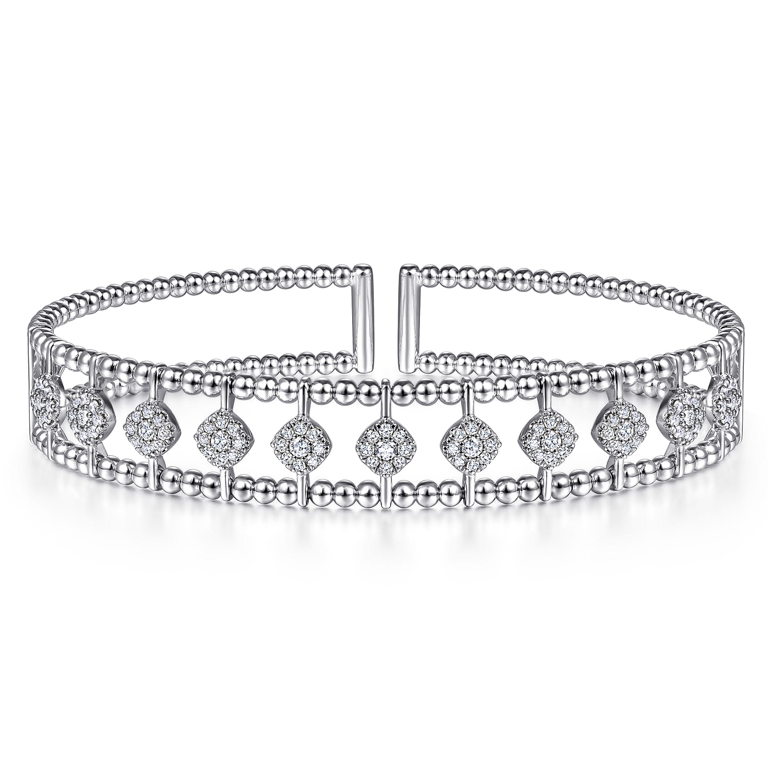 14K White Gold Bujukan Bead Cuff Bracelet with Pave Diamond Connectors - 0.7 ct - Shot 1