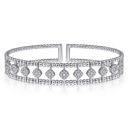 14K White Gold Bujukan Bead Cuff Bracelet with Pave Diamond Connectors