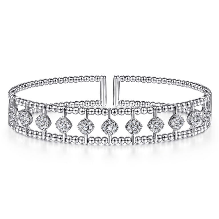 14K White Gold Bujukan Bead Cuff Bracelet with Pave Diamond Connectors - 0.7 ct - Shot 1