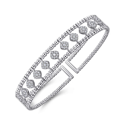 14K White Gold Bujukan Bead Cuff Bracelet with Pave Diamond Connectors
