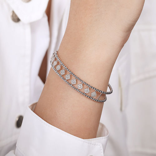 14K White Gold Bujukan Bead Cuff Bracelet with Pave Diamond Connectors - 0.7 ct - Shot 4