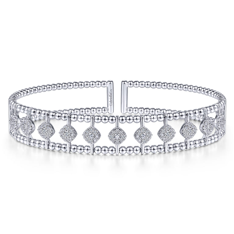 14K White Gold Bujukan Bead Cuff Bracelet with Pave Diamond Connectors - 0.85 ct - Shot 1
