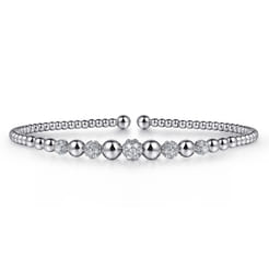 14K White Gold Bujukan Bead Cuff Bracelet with Pave Diamond Stations