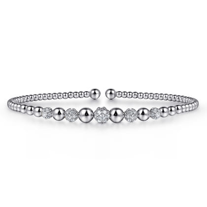 14K White Gold Bujukan Bead Cuff Bracelet with Pave Diamond Stations