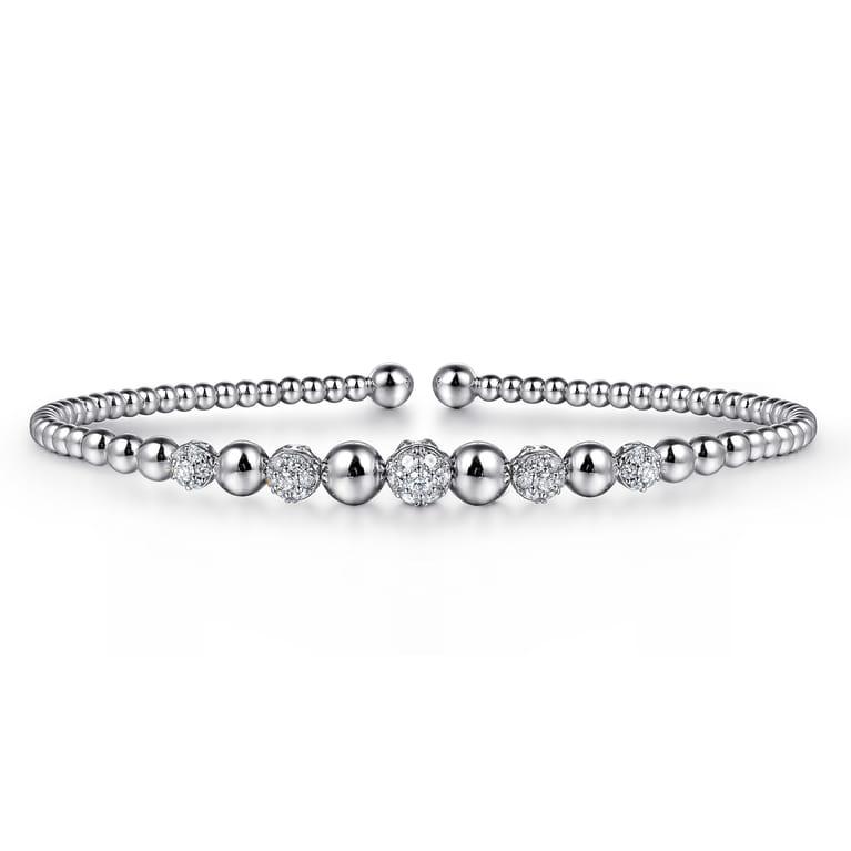 14K White Gold Bujukan Bead Cuff Bracelet with Pave Diamond Stations - 0.35 ct - Shot 1