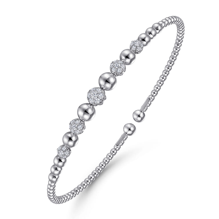 14K White Gold Bujukan Bead Cuff Bracelet with Pave Diamond Stations - 0.35 ct - Shot 2
