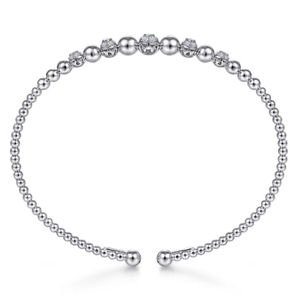 14K White Gold Bujukan Bead Cuff Bracelet with Pave Diamond Stations