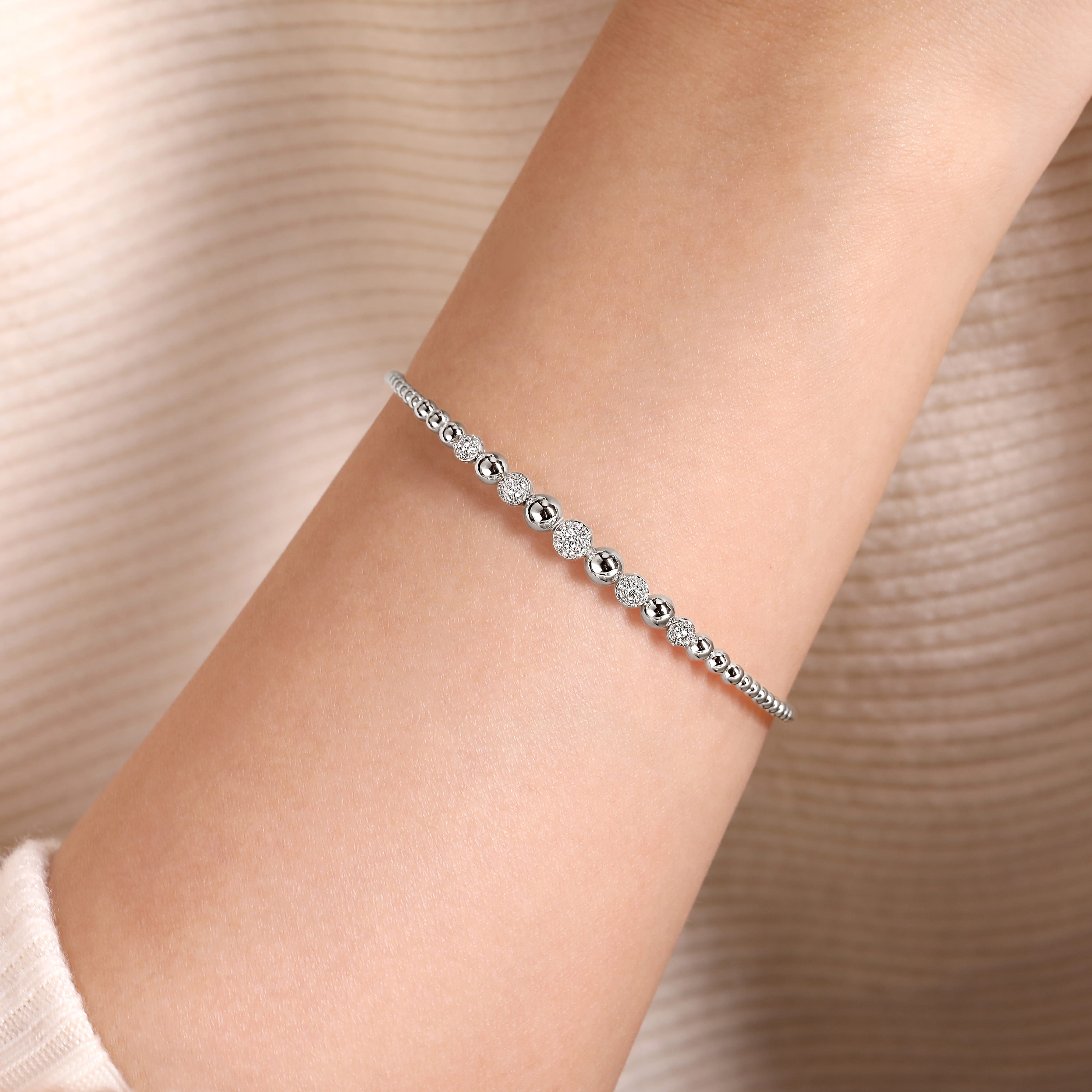 14K White Gold Bujukan Bead Cuff Bracelet with Pave Diamond Stations - 0.35 ct - Shot 4
