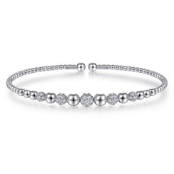 14K White Gold Bujukan Bead Cuff Bracelet with Pave Diamond Stations