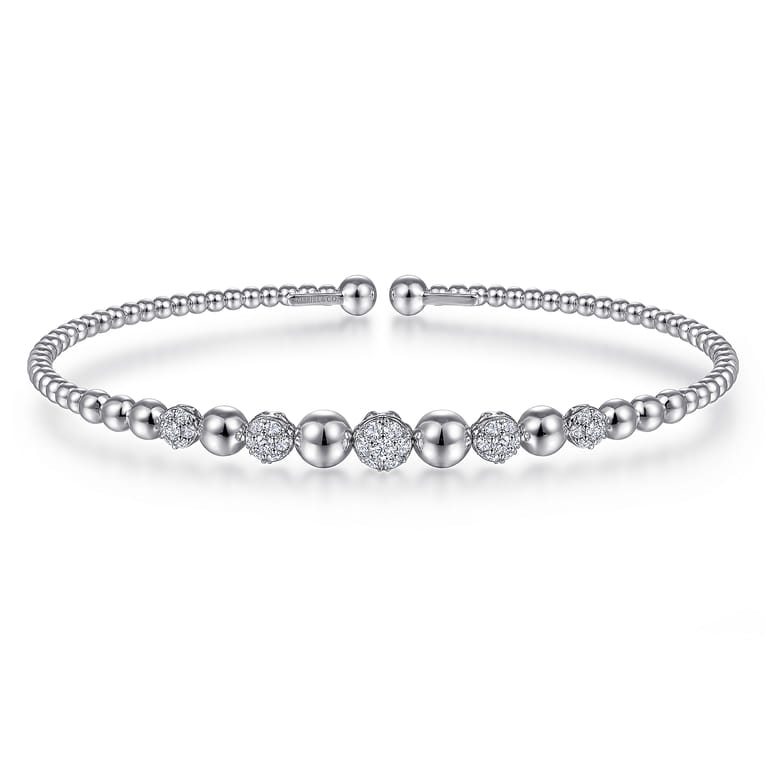 14K White Gold Bujukan Bead Cuff Bracelet with Pave Diamond Stations - 0.35 ct - Shot 1