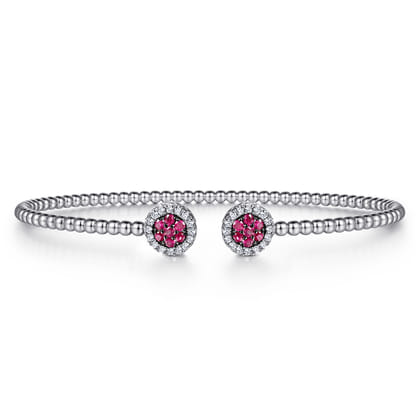 14K White Gold Bujukan Bead Cuff Bracelet with Ruby and Diamond Halo Caps