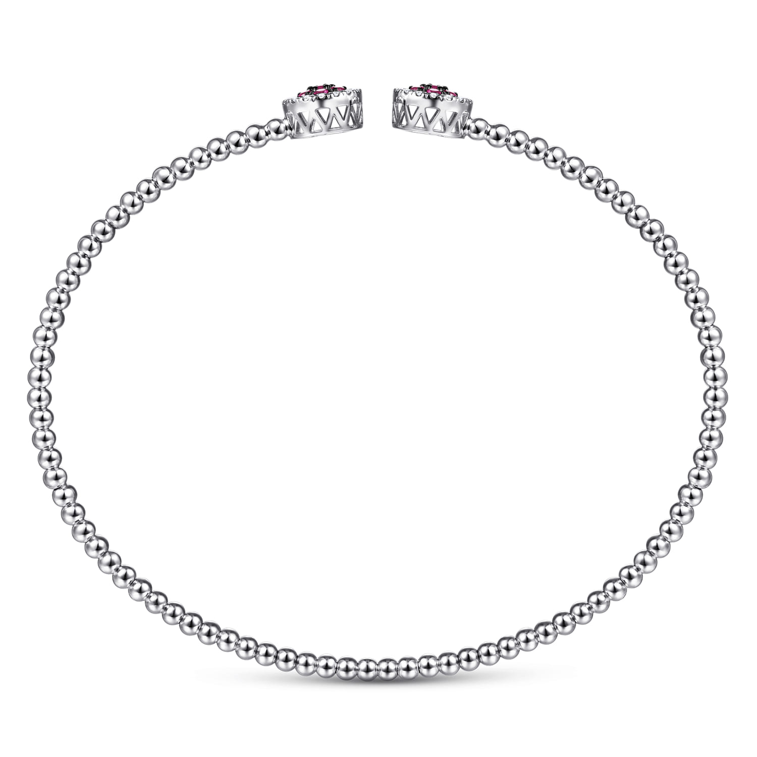 14K White Gold Bujukan Bead Cuff Bracelet with Ruby and Diamond Halo Caps - 0.16 ct - Shot 3