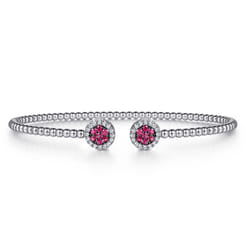 14K White Gold Bujukan Bead Cuff Bracelet with Ruby and Diamond Halo Caps