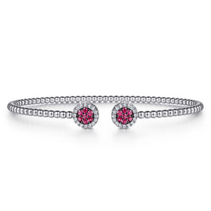 14K White Gold Bujukan Bead Cuff Bracelet with Ruby and Diamond Halo Caps