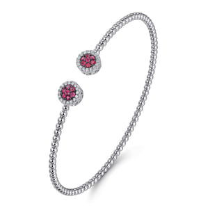 14K White Gold Bujukan Bead Cuff Bracelet with Ruby and Diamond Halo Caps