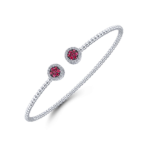 14K White Gold Bujukan Bead Cuff Bracelet with Ruby and Diamond Halo Caps - 0.16 ct - Shot 2