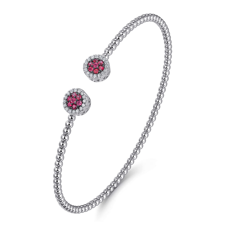 14K White Gold Bujukan Bead Cuff Bracelet with Ruby and Diamond Halo Caps - 0.16 ct - Shot 2