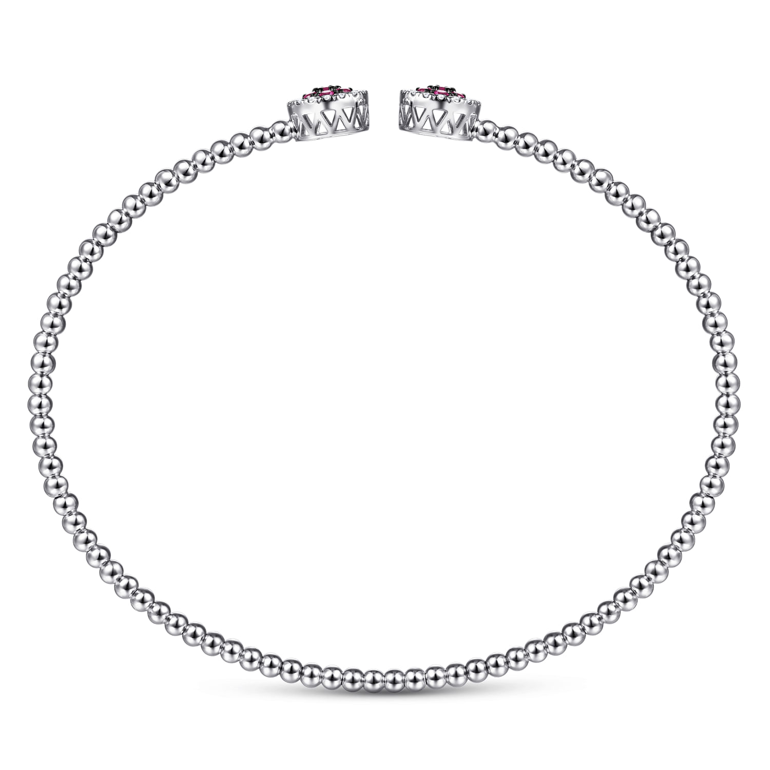 14K White Gold Bujukan Bead Cuff Bracelet with Ruby and Diamond Halo Caps