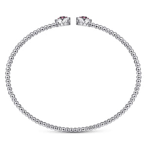 14K White Gold Bujukan Bead Cuff Bracelet with Ruby and Diamond Halo Caps