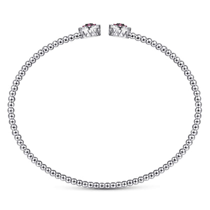 14K White Gold Bujukan Bead Cuff Bracelet with Ruby and Diamond Halo Caps