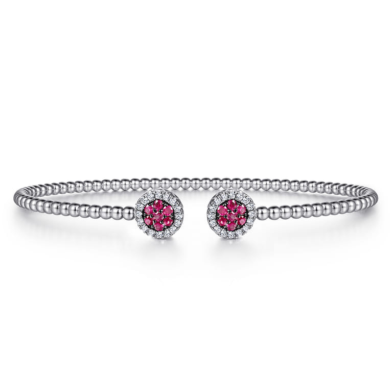 14K White Gold Bujukan Bead Cuff Bracelet with Ruby and Diamond Halo Caps - 0.16 ct - Shot 1