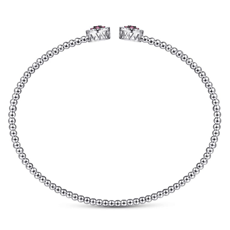 14K White Gold Bujukan Bead Cuff Bracelet with Ruby and Diamond Halo Caps - 0.16 ct - Shot 3