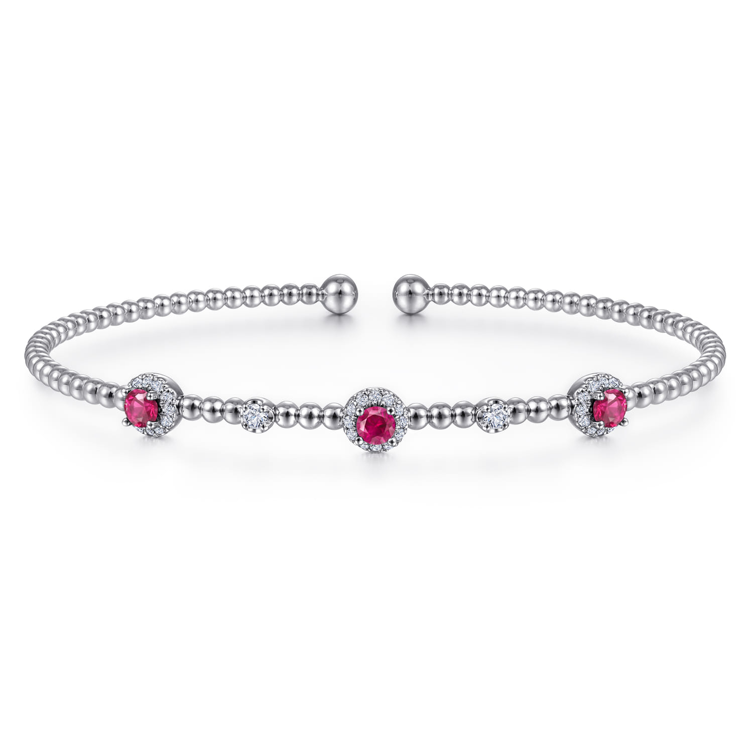14K White Gold Bujukan Bead Cuff Bracelet with Ruby and Diamond Halo Stations - 0.2 ct - Shot 1
