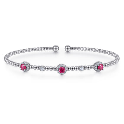 14K White Gold Bujukan Bead Cuff Bracelet with Ruby and Diamond Halo Stations
