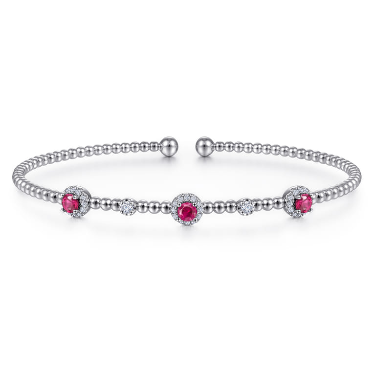 14K White Gold Bujukan Bead Cuff Bracelet with Ruby and Diamond Halo Stations - 0.2 ct - Shot 1