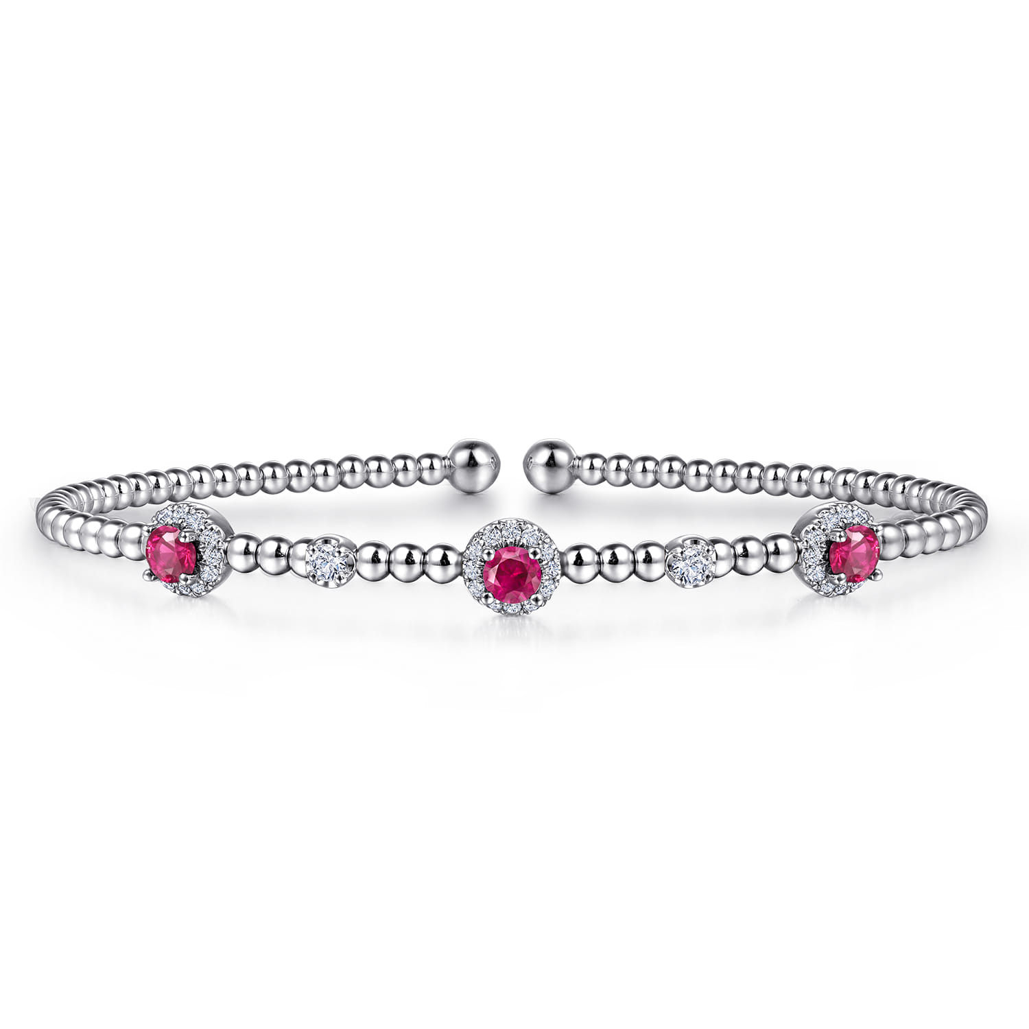 14K White Gold Bujukan Bead Cuff Bracelet with Ruby and Diamond Halo Stations - 0.2 ct - Shot 1