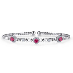 14K White Gold Bujukan Bead Cuff Bracelet with Ruby and Diamond Halo Stations