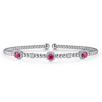 14K White Gold Bujukan Bead Cuff Bracelet with Ruby and Diamond Halo Stations
