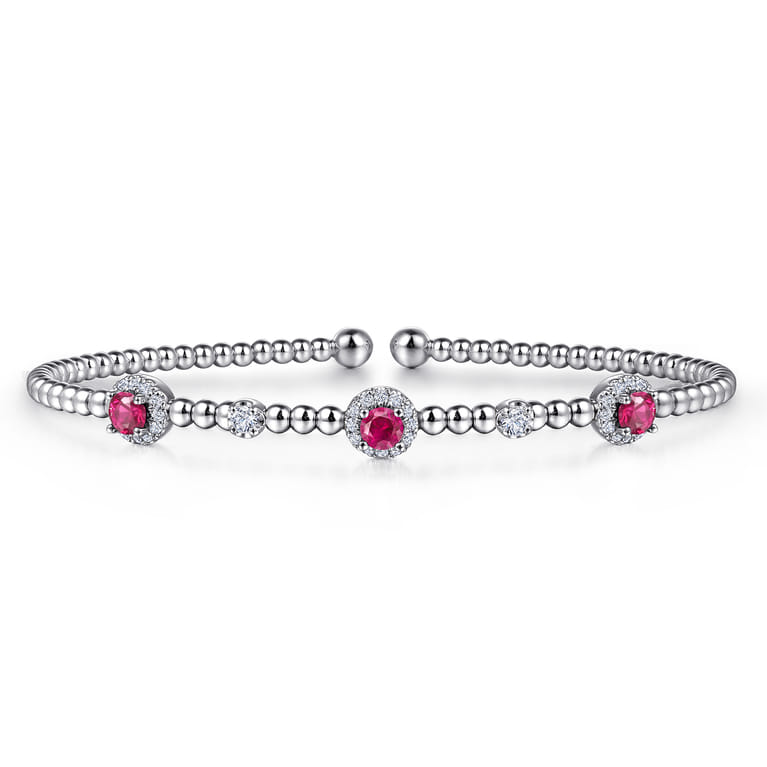 14K White Gold Bujukan Bead Cuff Bracelet with Ruby and Diamond Halo Stations - 0.2 ct - Shot 1