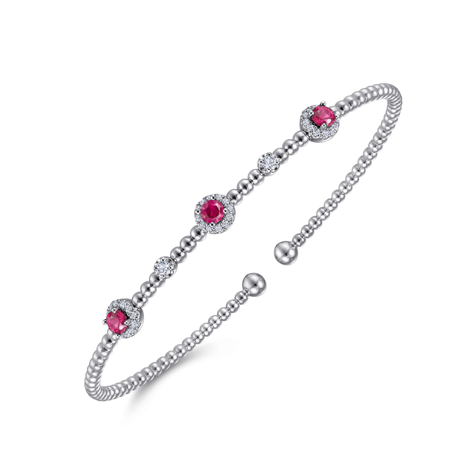 14K White Gold Bujukan Bead Cuff Bracelet with Ruby and Diamond Halo Stations - 0.2 ct - Shot 2