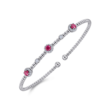 14K White Gold Bujukan Bead Cuff Bracelet with Ruby and Diamond Halo Stations