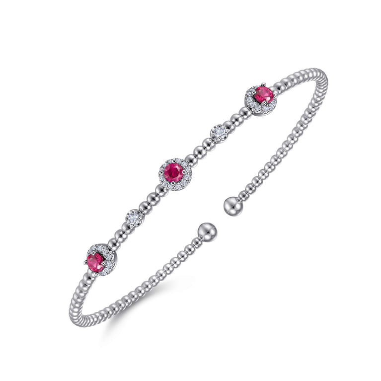 14K White Gold Bujukan Bead Cuff Bracelet with Ruby and Diamond Halo Stations - 0.2 ct - Shot 2