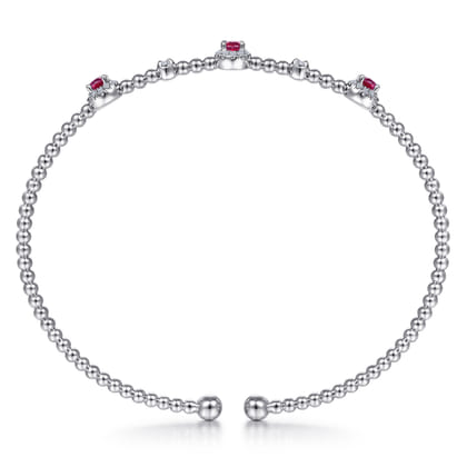 14K White Gold Bujukan Bead Cuff Bracelet with Ruby and Diamond Halo Stations