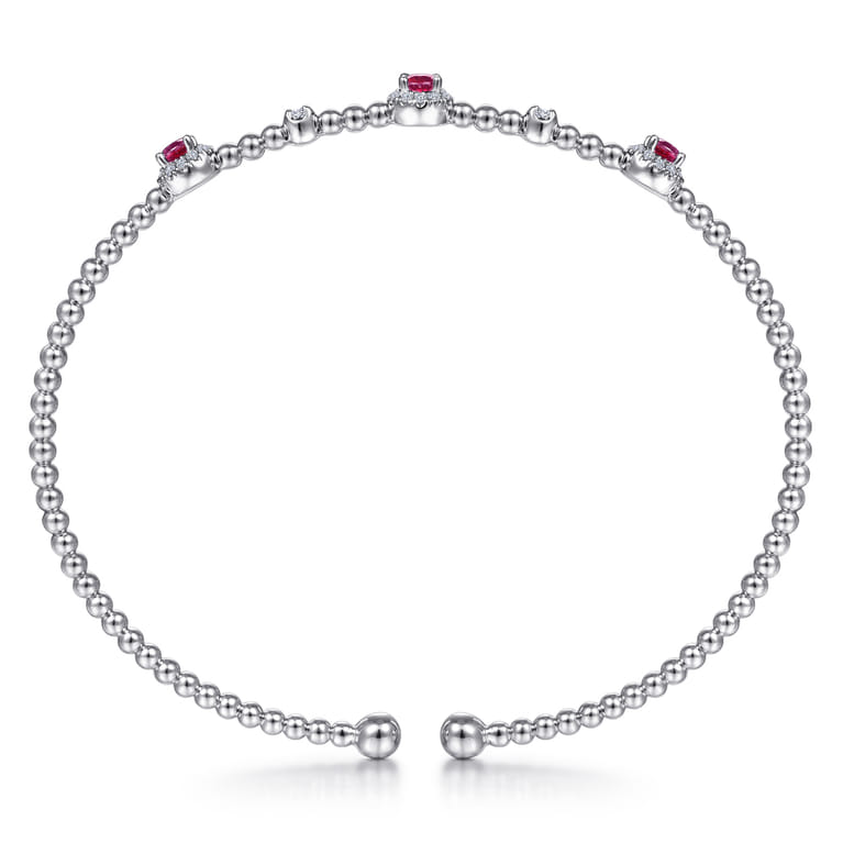 14K White Gold Bujukan Bead Cuff Bracelet with Ruby and Diamond Halo Stations - 0.2 ct - Shot 3