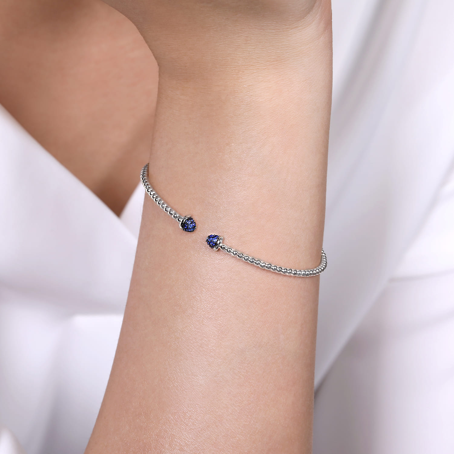 14K White Gold Bujukan Bead Cuff Bracelet with Sapphire Pave Caps - Shot 4