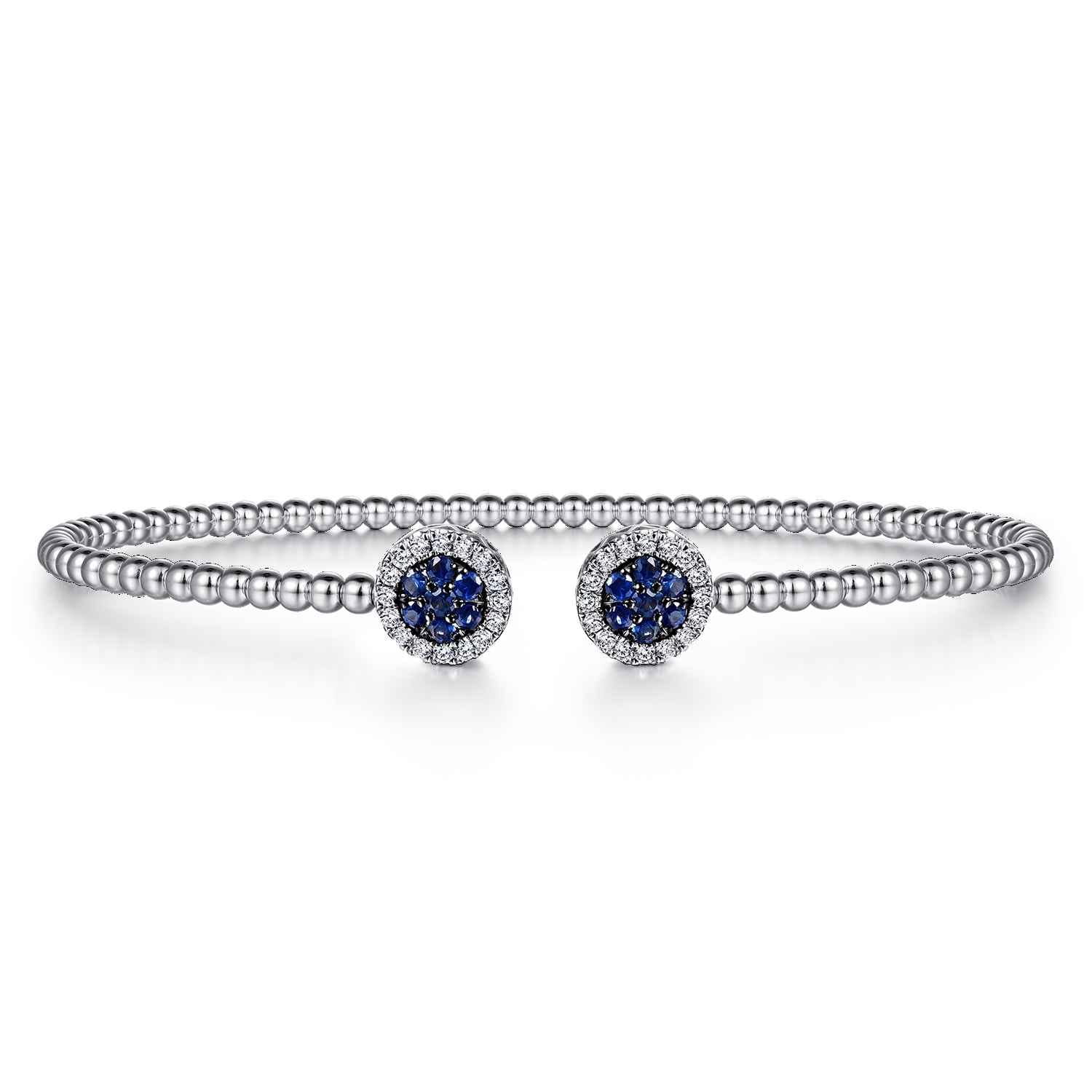 14K White Gold Bujukan Bead Cuff Bracelet with Sapphire and Diamond Halo Caps - 0.15 ct - Shot 1