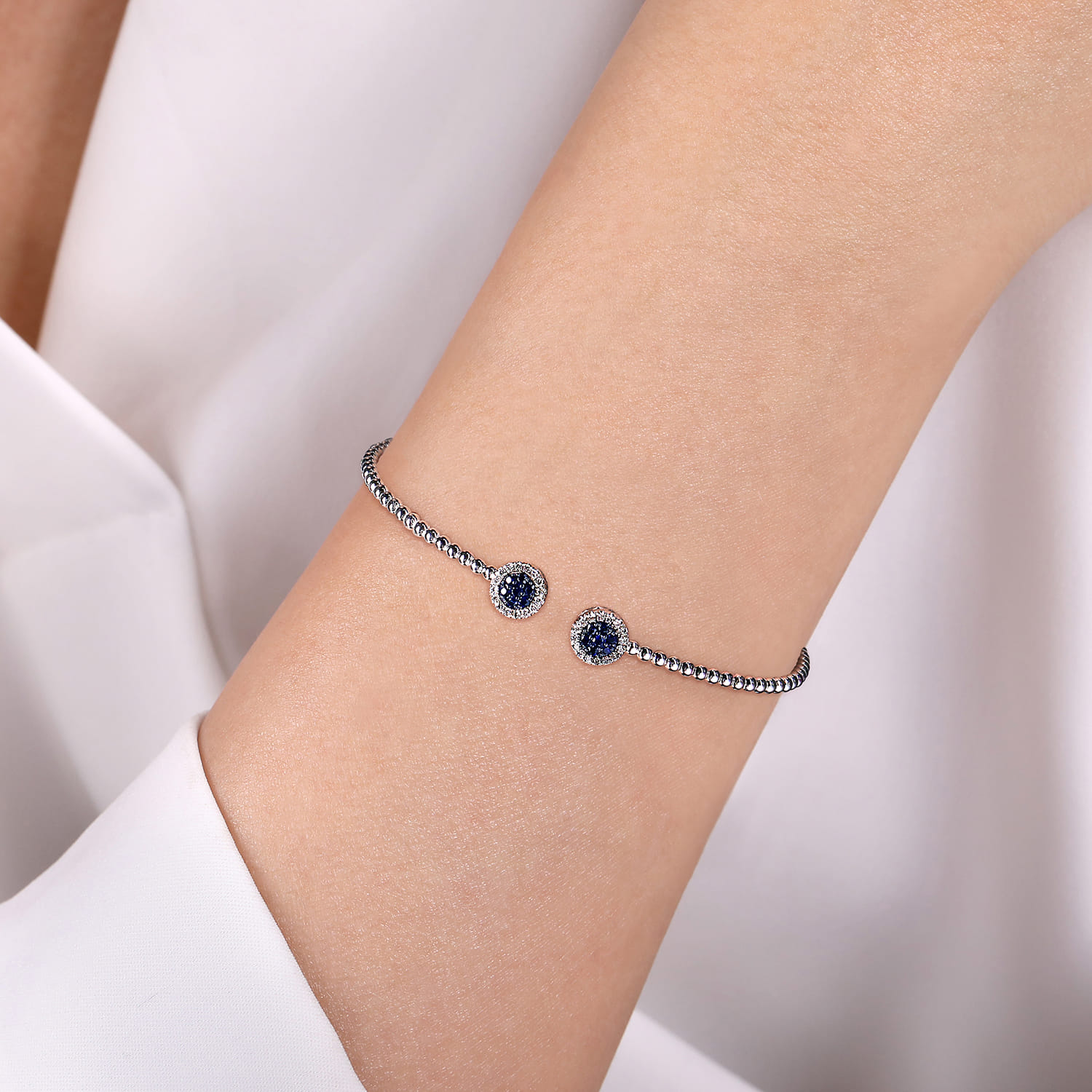 14K White Gold Bujukan Bead Cuff Bracelet with Sapphire and Diamond Halo Caps - 0.16 ct - Shot 4