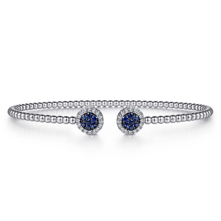14K White Gold Bujukan Bead Cuff Bracelet with Sapphire and Diamond Halo Caps - 0.16 ct - Shot 1