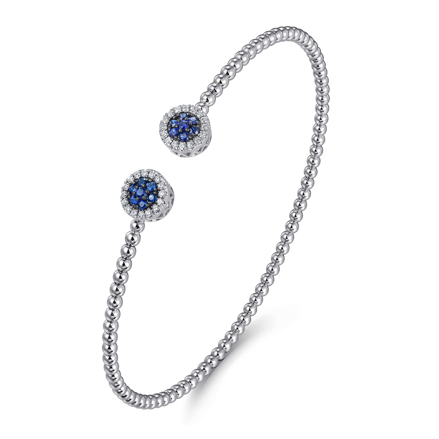 14K White Gold Bujukan Bead Cuff Bracelet with Sapphire and Diamond Halo Caps